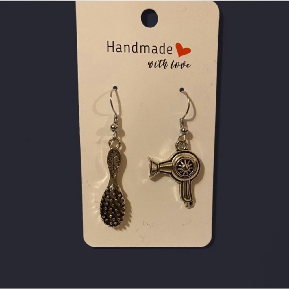Handmade Silver Hairdryer & Brush Charm Earrings - Silver